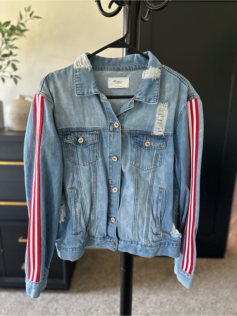 KanCan Light Blue Denim Jacket with Red & White Sleeve Stripes